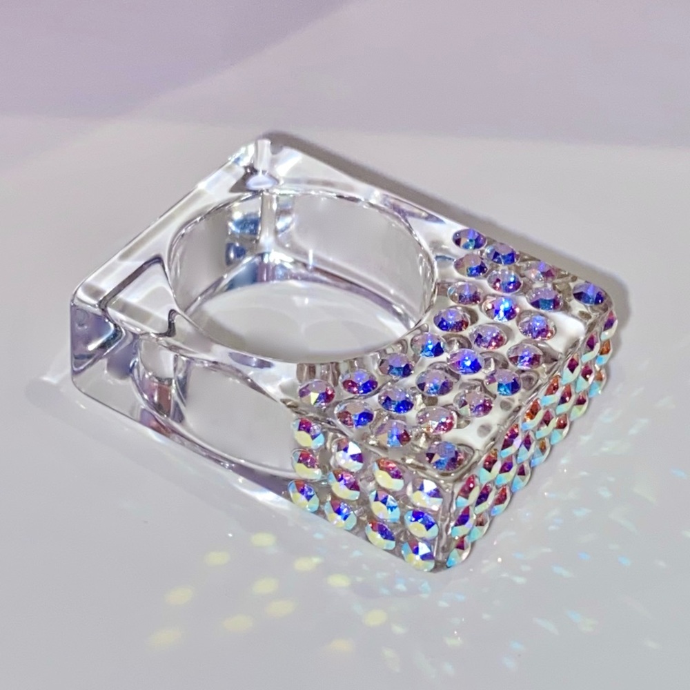 Geometric Clear Acrylic Iridescent Swarovski Cube Ring, Aurora Borealis Crystals